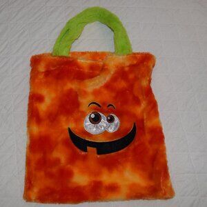 Halloween Pumpkin Trick or Treat Bag Fuzzy Plush Green Orange 12X13 Tote